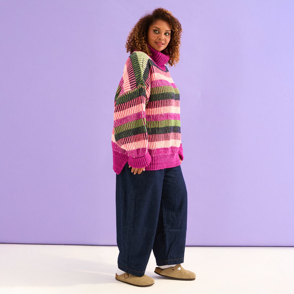 Tasha Oversized Balloon Sleeve Stripe Roll Neck Jumper - Purple - Cara & The Sky