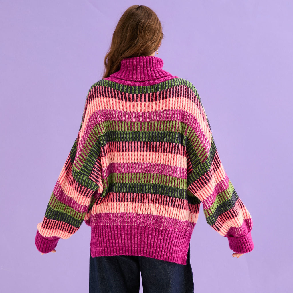 Tasha Oversized Balloon Sleeve Stripe Roll Neck Jumper - Purple - Cara & The Sky