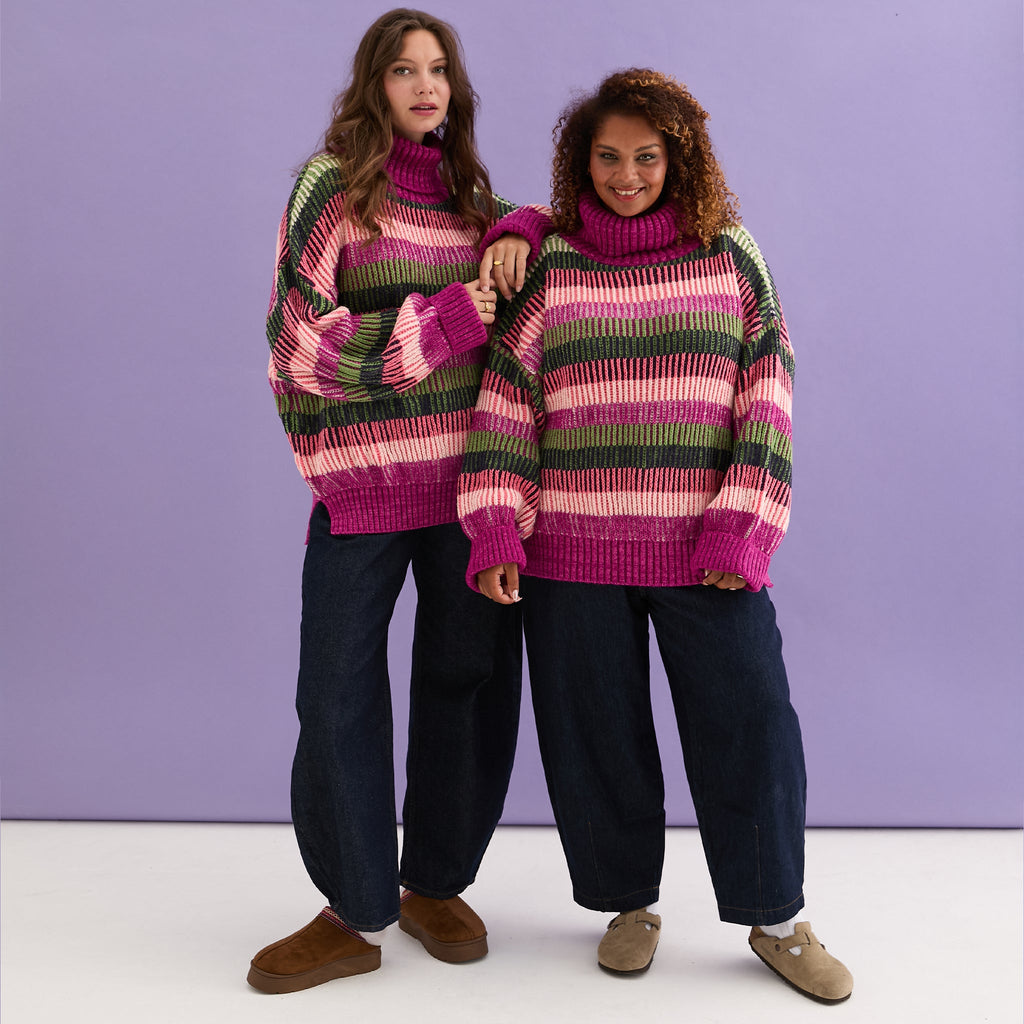 Tasha Oversized Balloon Sleeve Stripe Roll Neck Jumper - Purple - Cara & The Sky