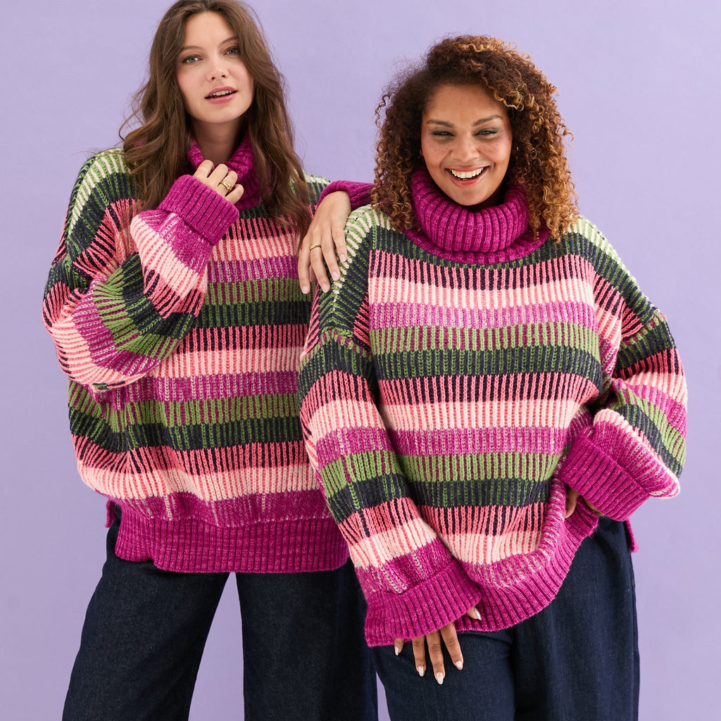 Tasha Oversized Balloon Sleeve Stripe Roll Neck Jumper - Purple - Cara & The Sky
