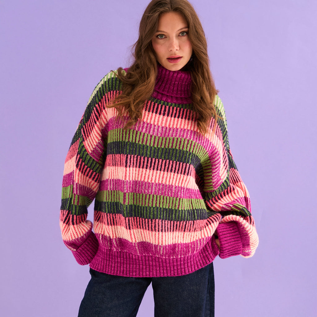 Tasha Oversized Balloon Sleeve Stripe Roll Neck Jumper - Purple - Cara & The Sky