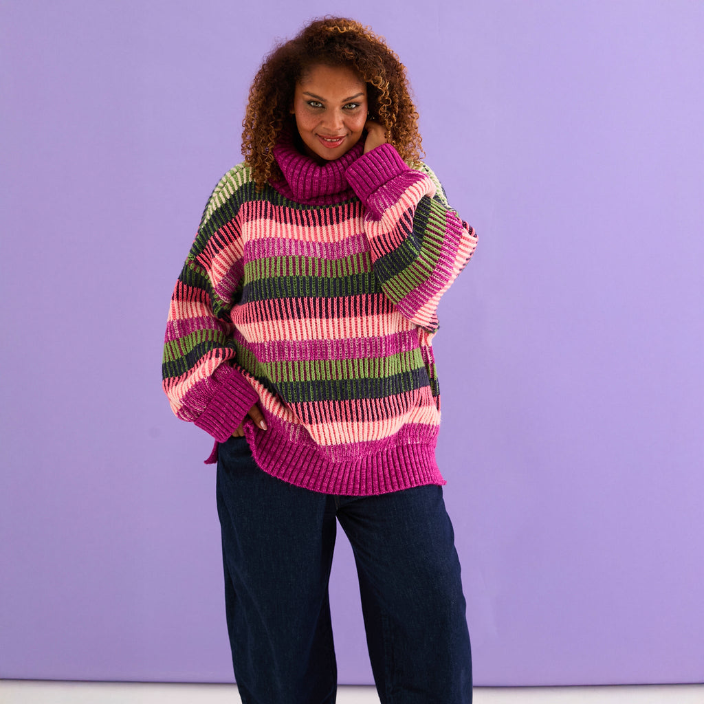 Tasha Oversized Balloon Sleeve Stripe Roll Neck Jumper - Purple - Cara & The Sky