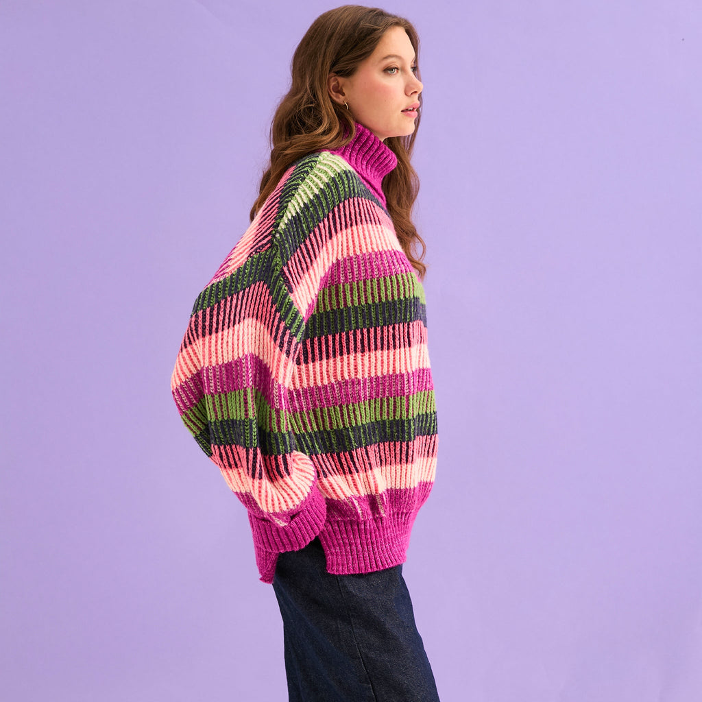 Tasha Oversized Balloon Sleeve Stripe Roll Neck Jumper - Purple - Cara & The Sky