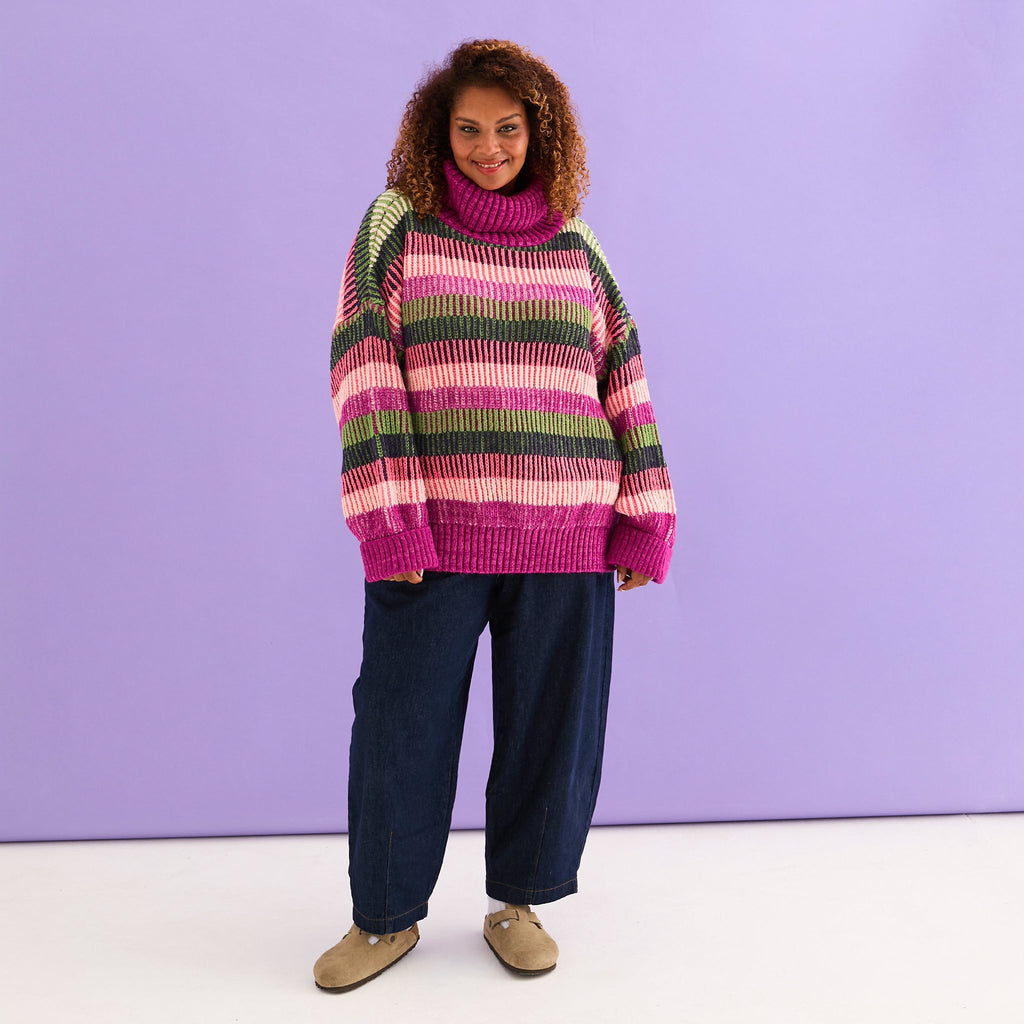 Tasha Oversized Balloon Sleeve Stripe Roll Neck Jumper - Purple - Cara & The Sky