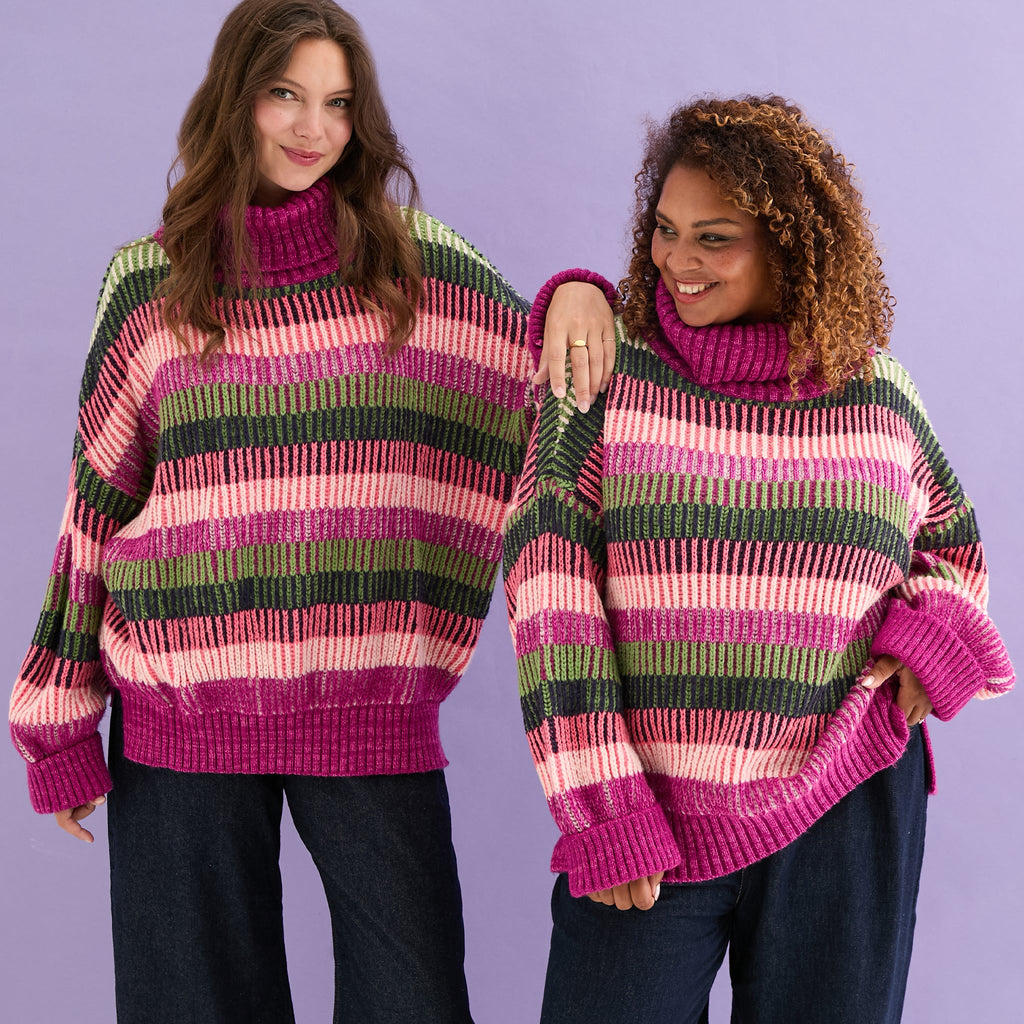 Tasha Oversized Balloon Sleeve Stripe Roll Neck Jumper - Purple - Cara & The Sky