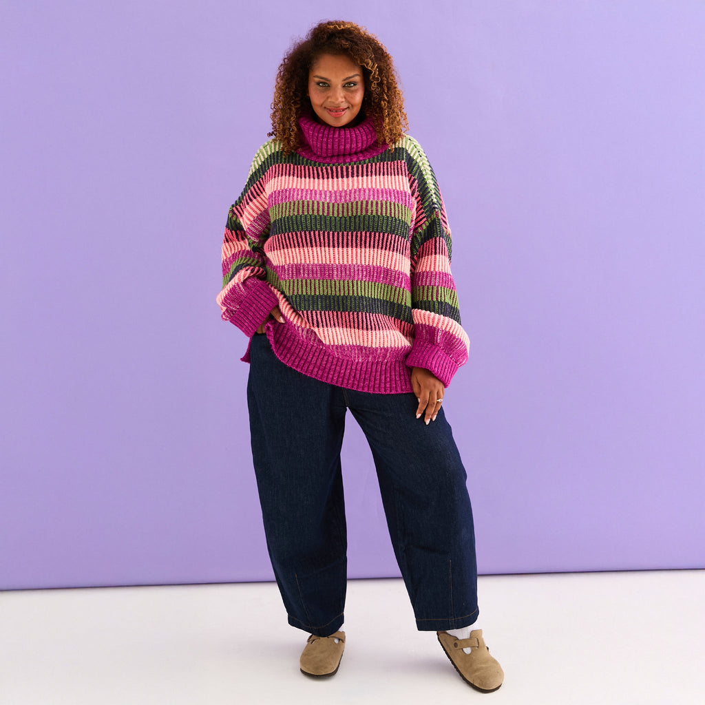 Tasha Oversized Balloon Sleeve Stripe Roll Neck Jumper - Purple - Cara & The Sky