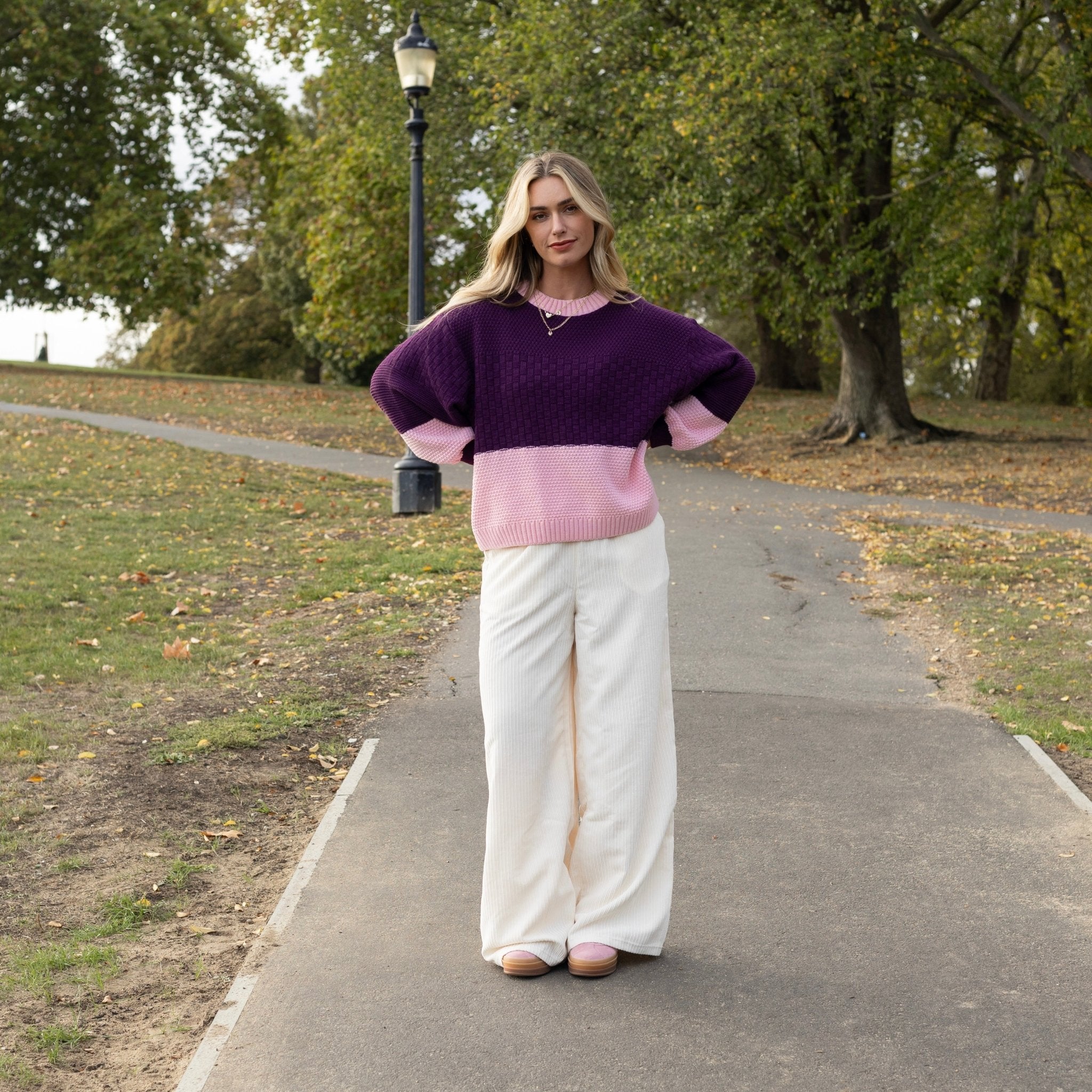 Block Colour Photo Taz Colour Block Jumper in Purple | British Made Colourful Knitwear ...