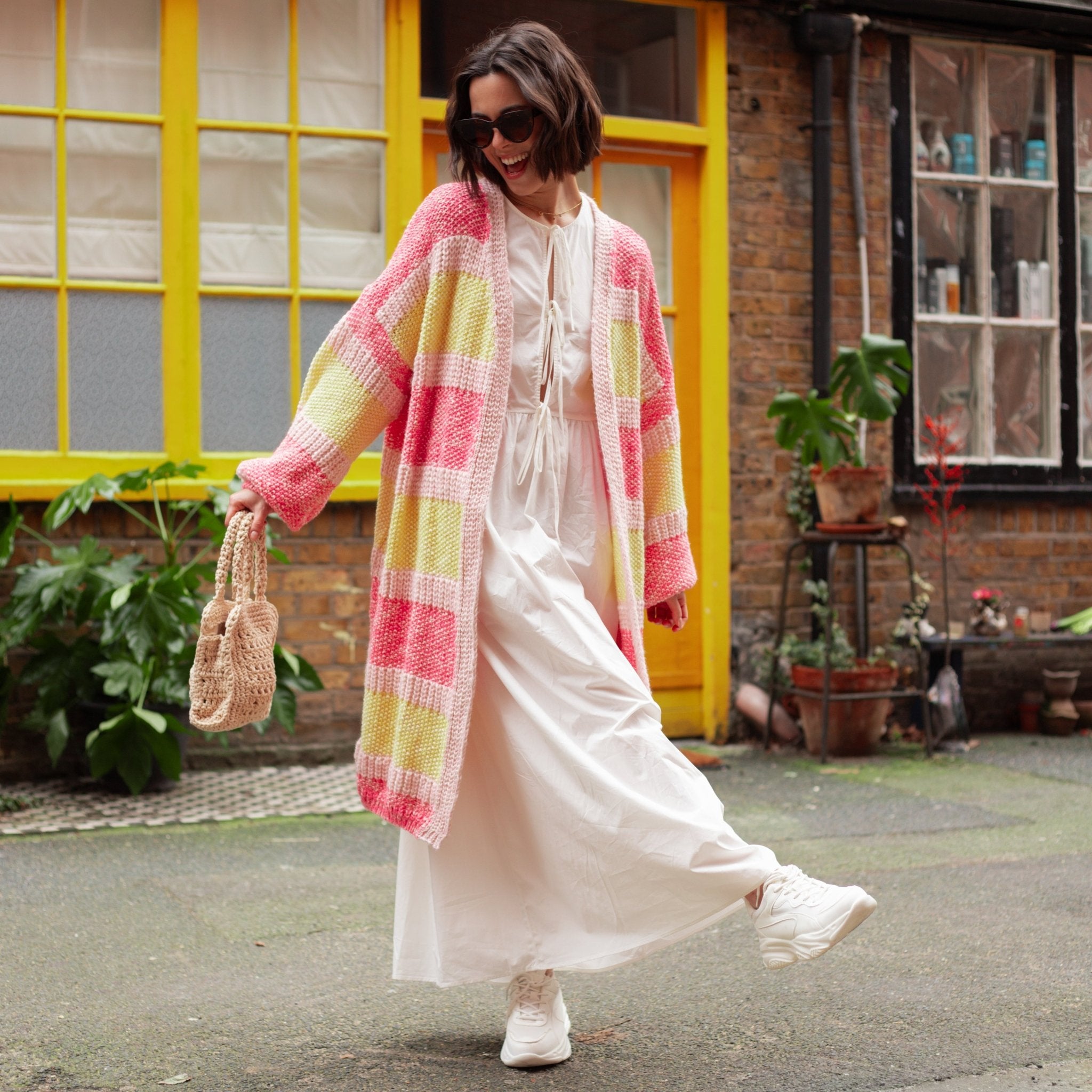 Tracy Stripe Balloon Sleeve Midi Cardigan Pink - Main Image