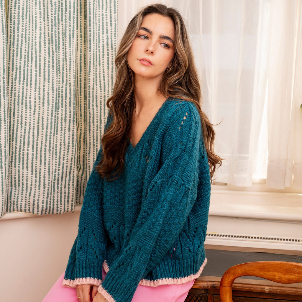 Zoe Pointelle V Neck Wide Sleeve Jumper - Teal - Cara & The Sky
