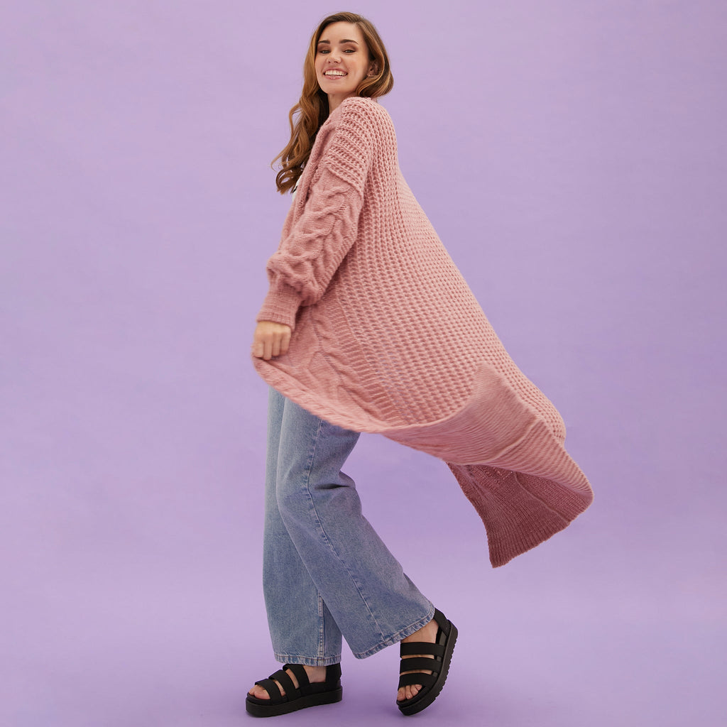 Alex Cable Balloon Sleeve Maxi Cardigan - Dusky Pink - Cara & The Sky