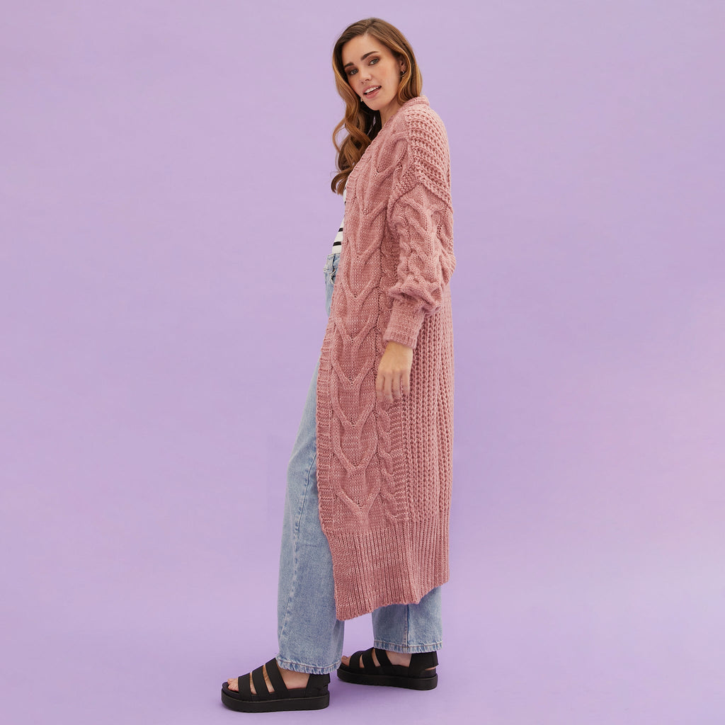 Alex Cable Balloon Sleeve Maxi Cardigan - Dusky Pink - Cara & The Sky