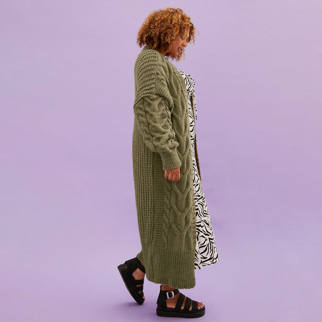 Alex Cable Balloon Sleeve Maxi Cardigan - Khaki - Cara & The Sky