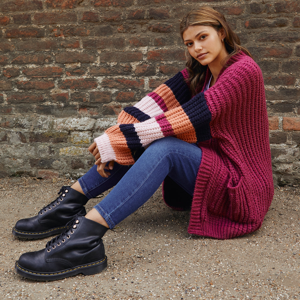 Allie Stripe Sleeved Chunky Cardigan - Berry - Cara & The Sky