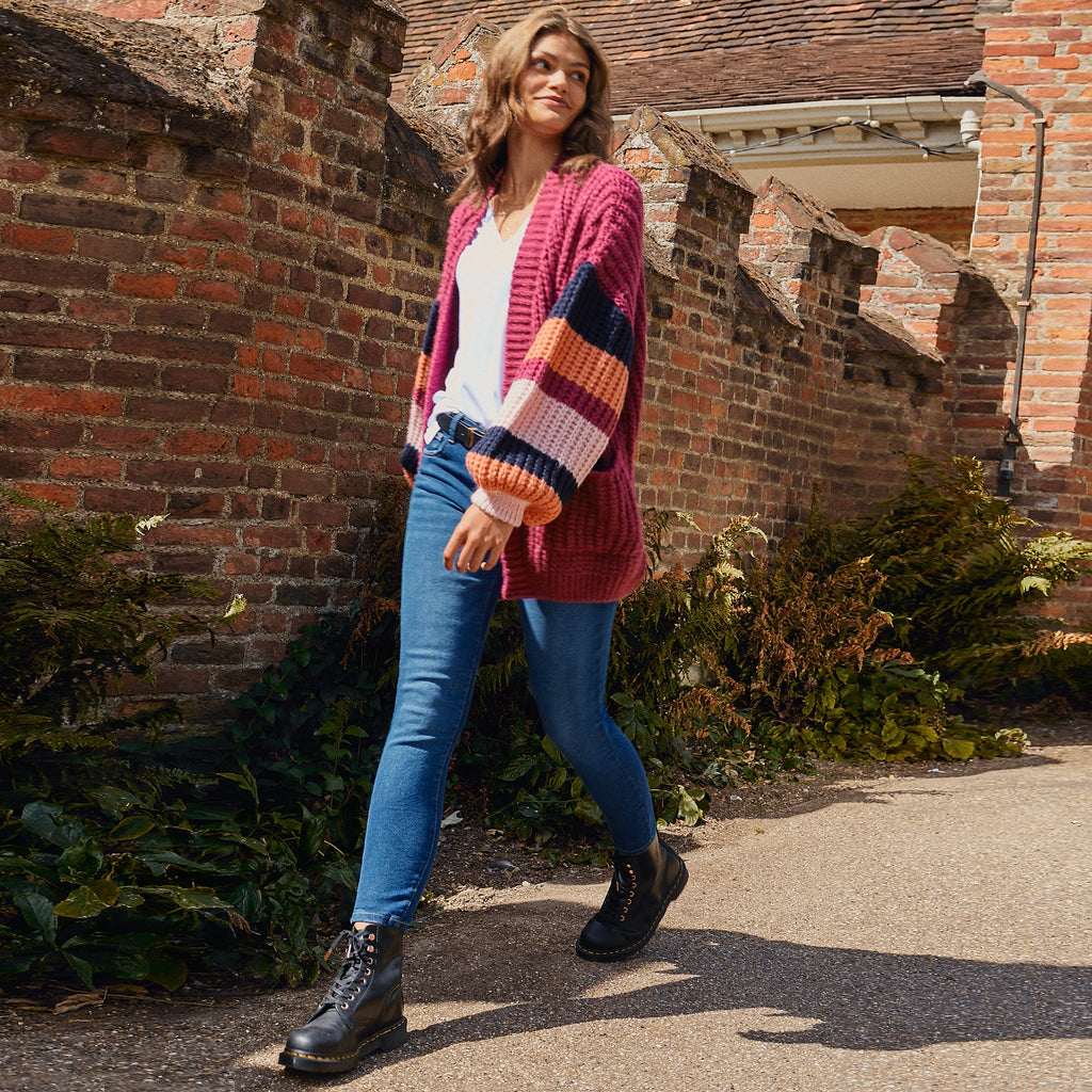 Allie Stripe Sleeved Chunky Cardigan - Berry - Cara & The Sky