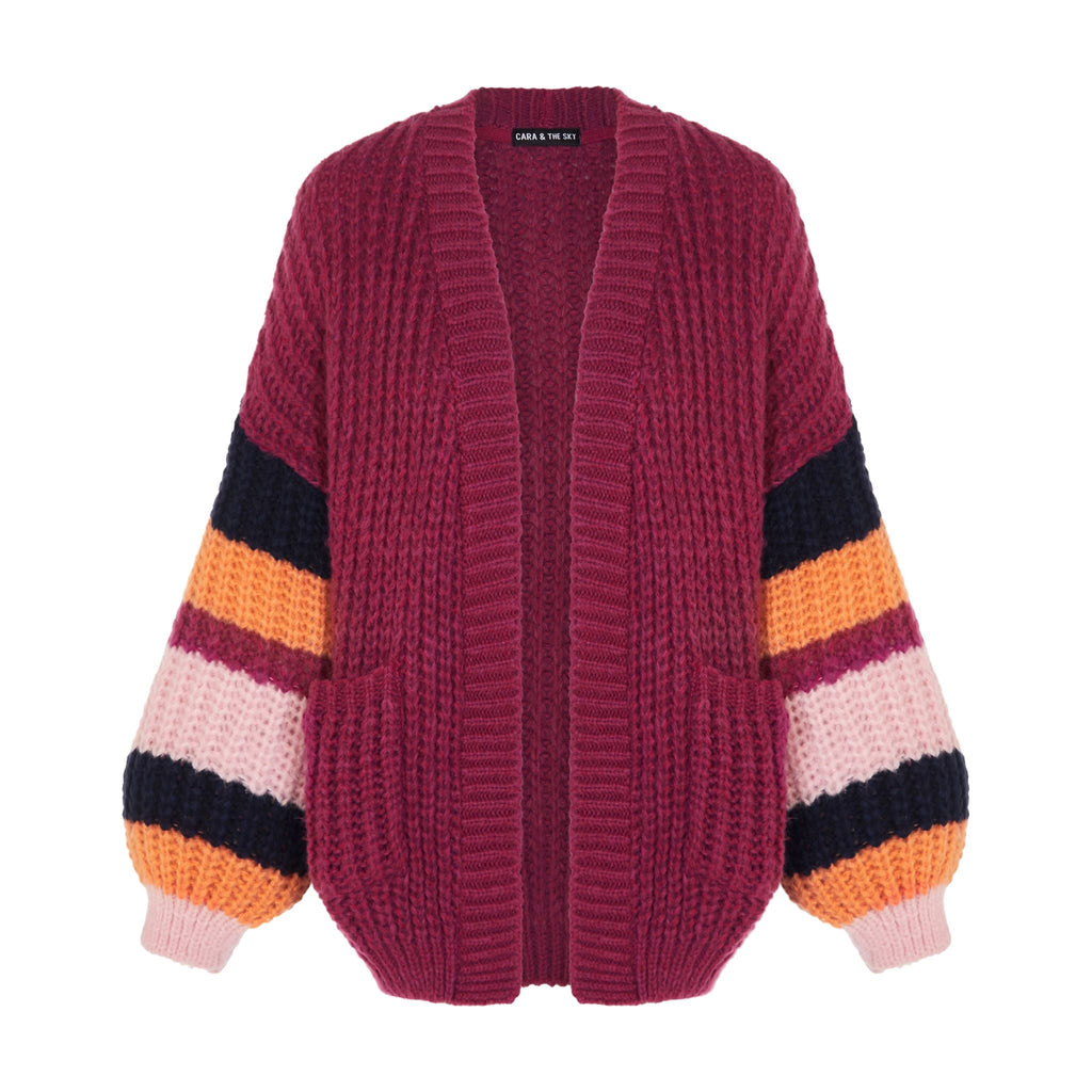 Allie Stripe Sleeved Chunky Cardigan - Berry - Cara & The Sky