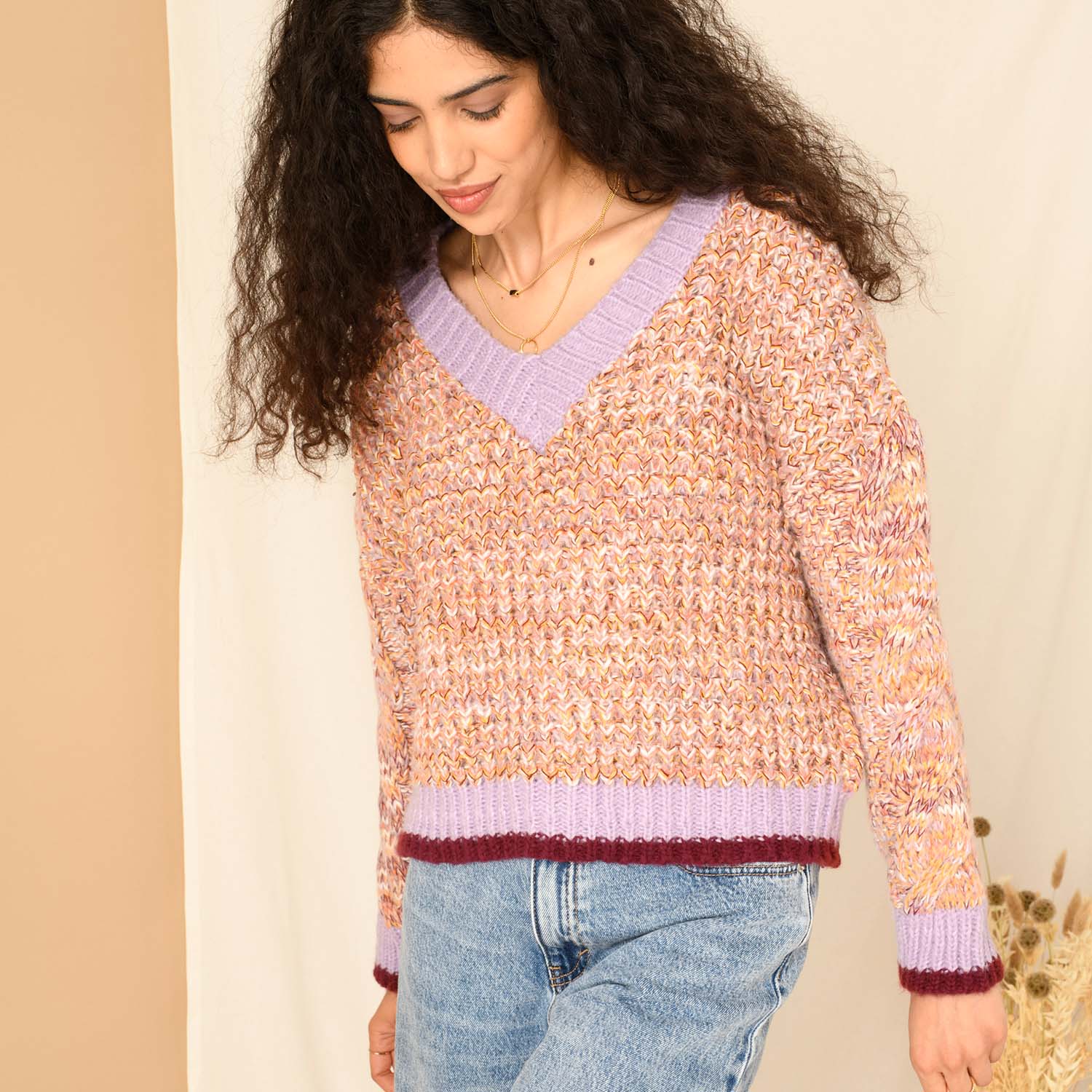 Amy V Neck Cable Jumper Rust & Lilac