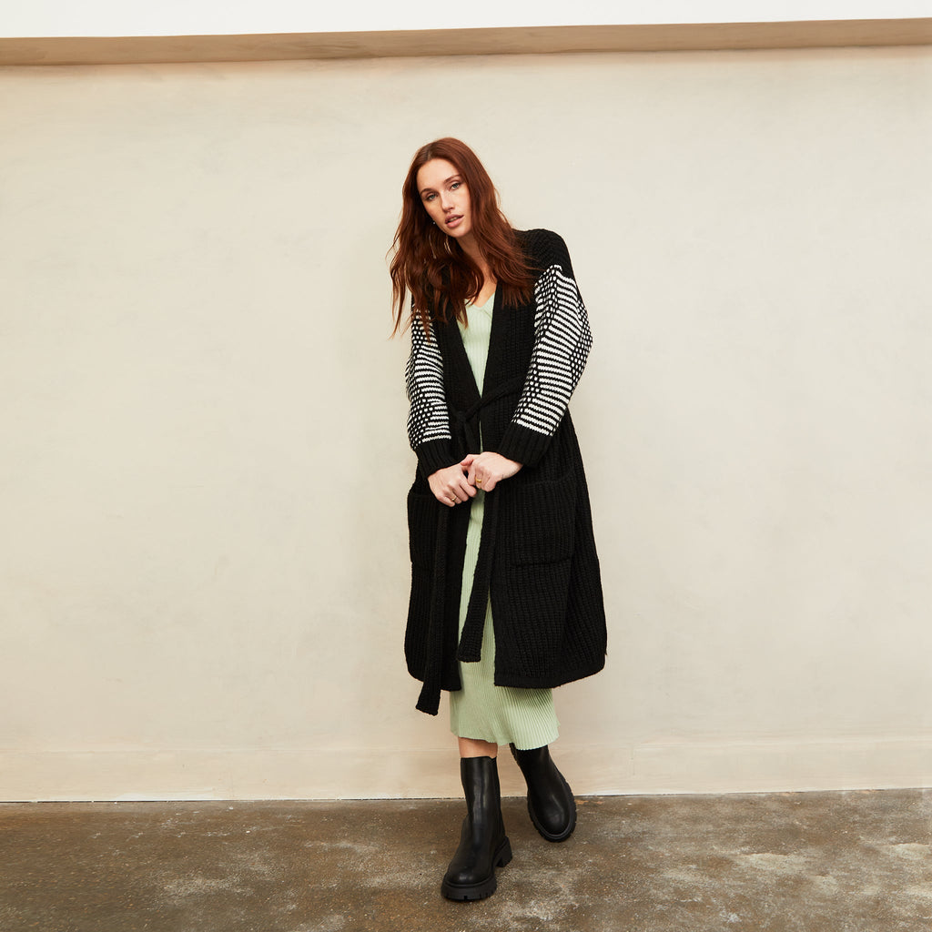 Becca Mono Sleeve Belted Long Cardigan - Black - Cara & The Sky