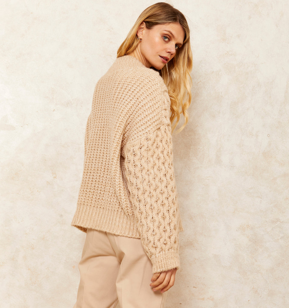 Bella Cable High Neck Jumper - Biscuit - Cara & The Sky