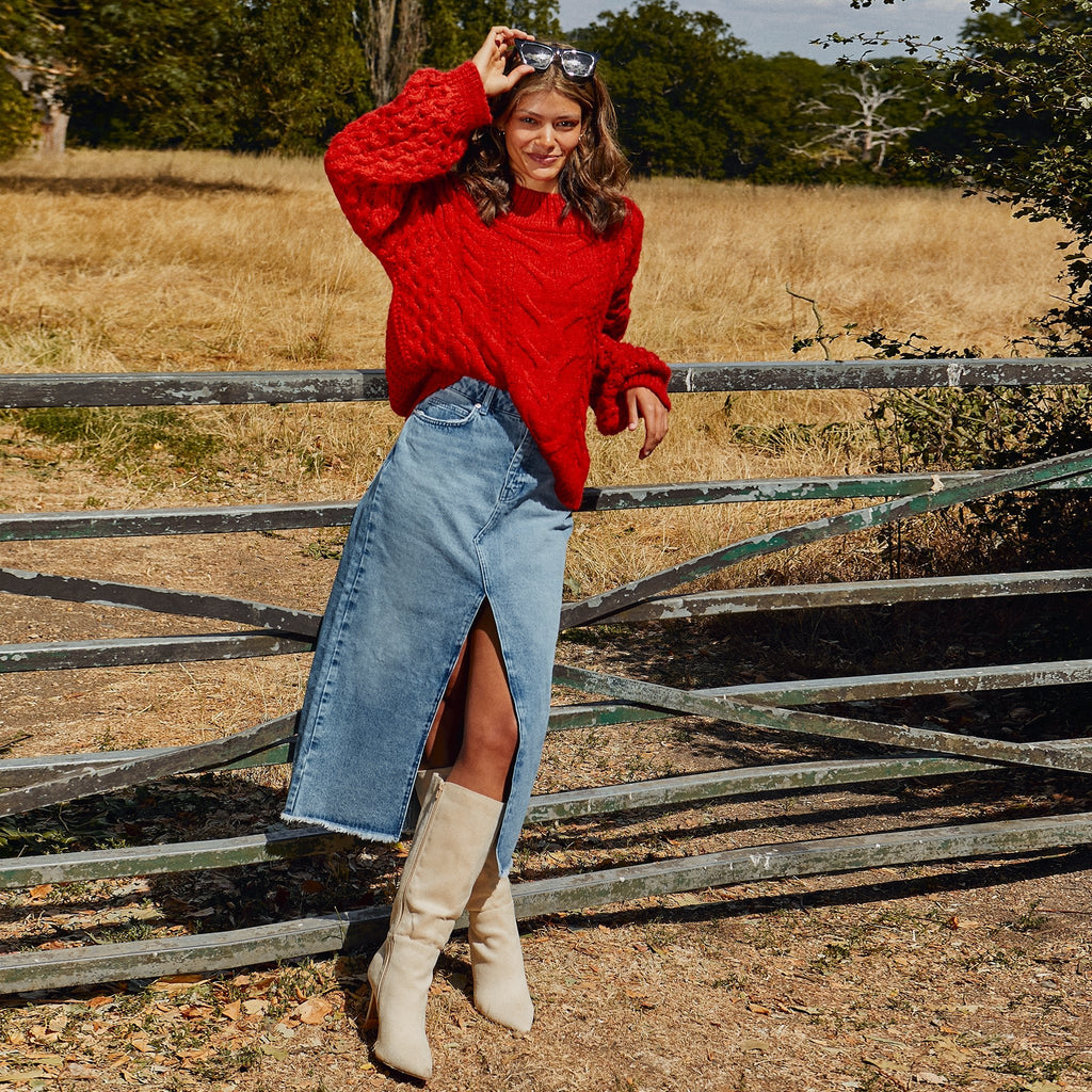 Bella Cable High Neck Jumper - Burnt Orange - Cara & The Sky