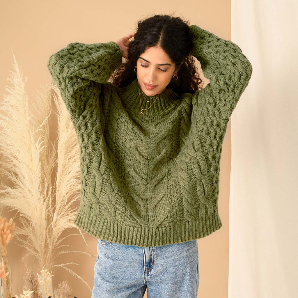 Bella Cable High Neck Jumper - Khaki - Cara & The Sky