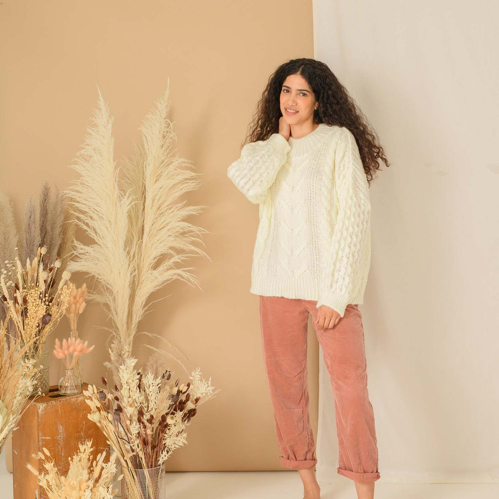 Bella Cable High Neck Jumper - Winter White - Cara & The Sky