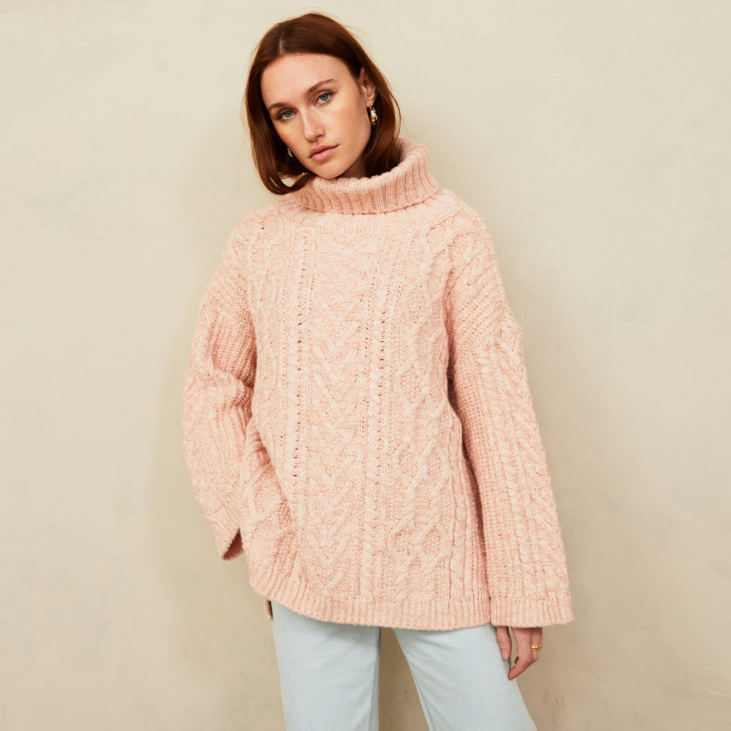 Emily Cable Roll Neck Tunic Jumper - Dusky Pink - Cara & The Sky