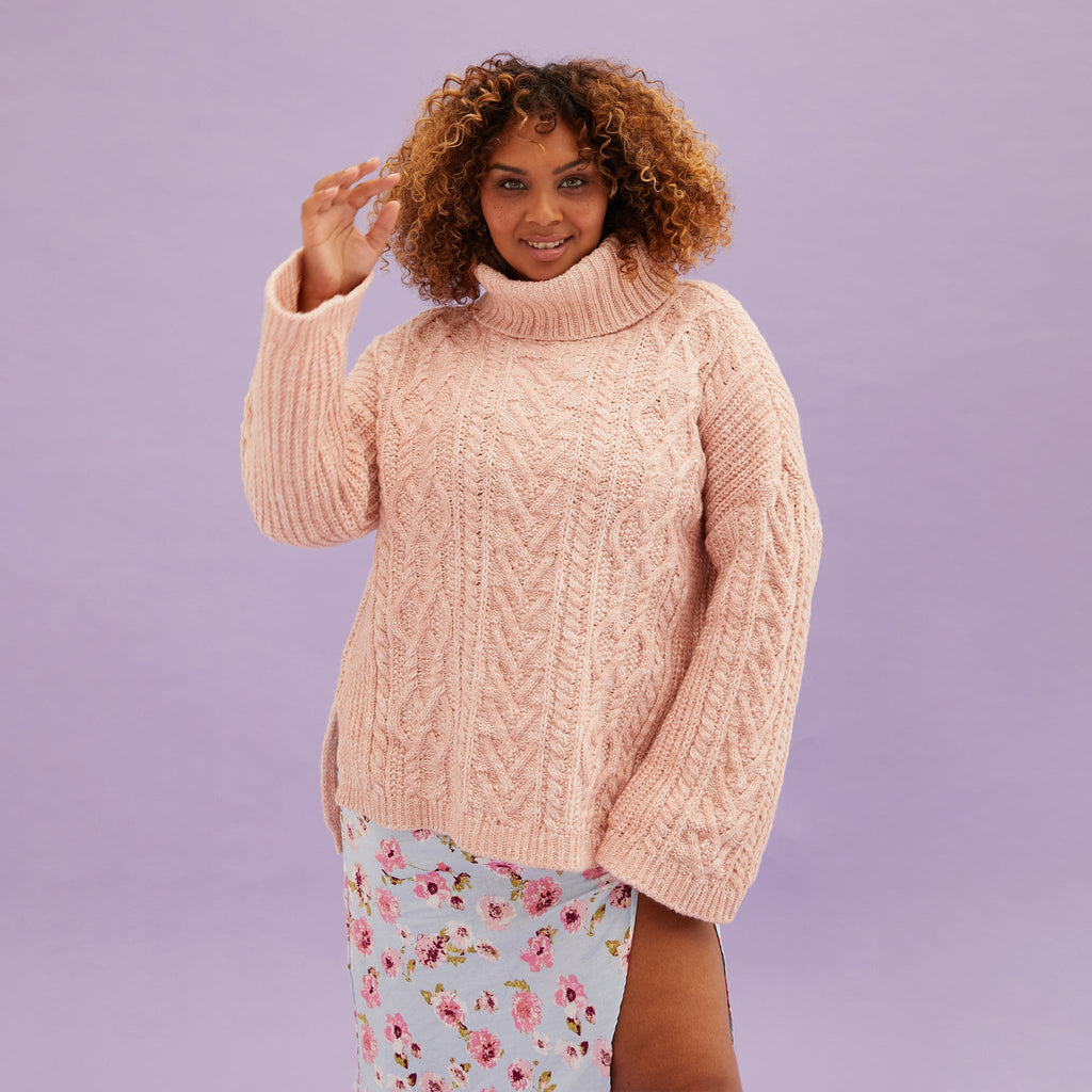 Emily Cable Roll Neck Tunic Jumper - Dusky Pink - Cara & The Sky