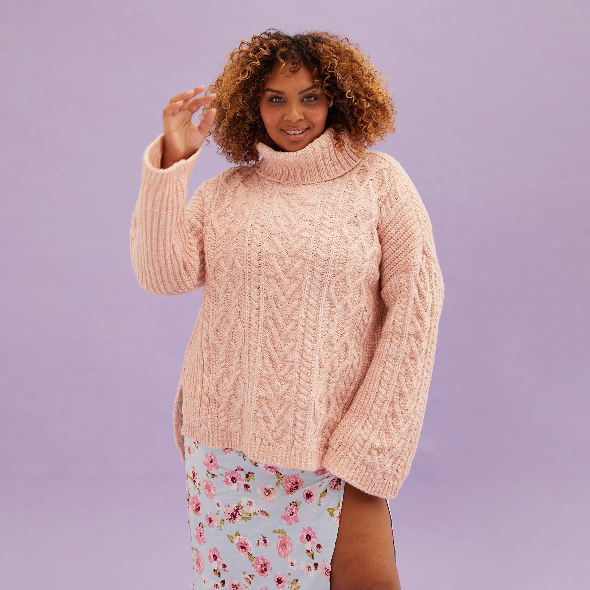 Emily Cable Roll Neck Tunic Jumper Dusky