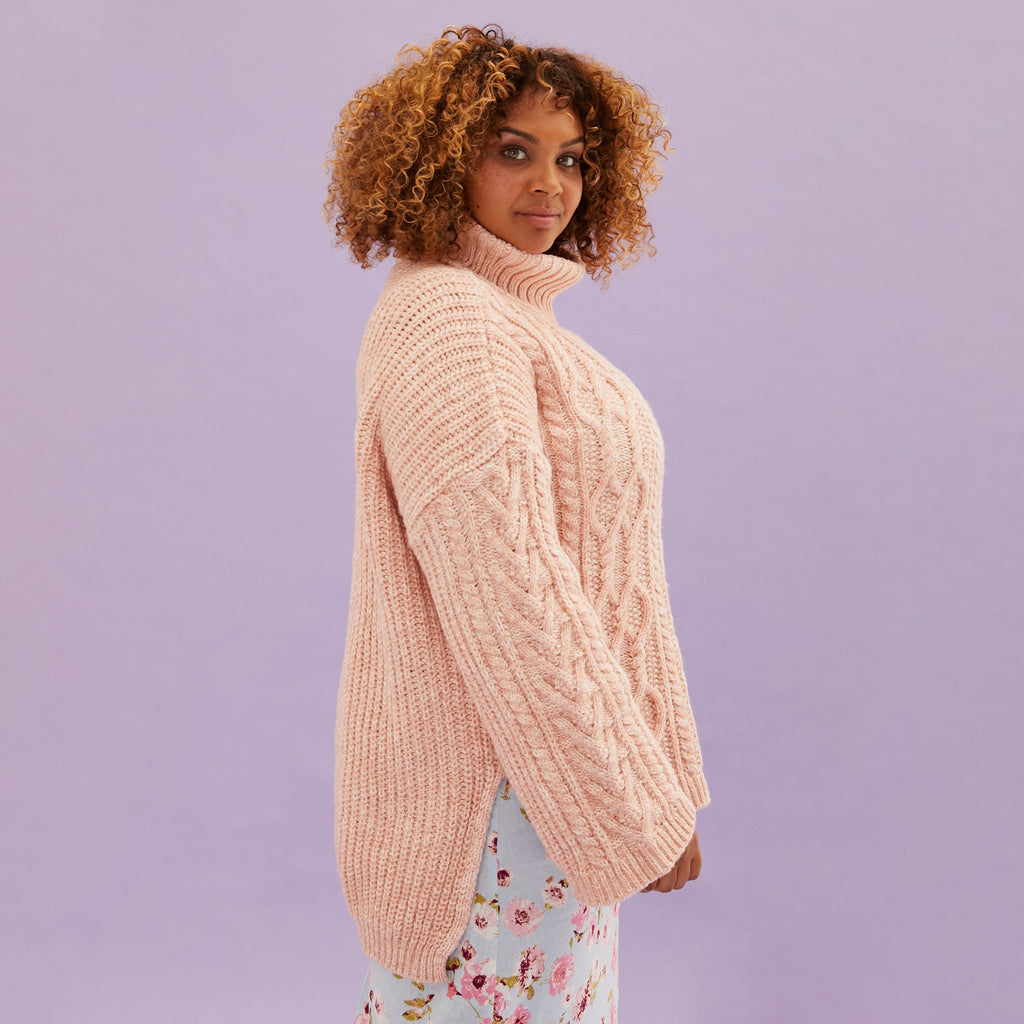 Emily Cable Roll Neck Tunic Jumper - Dusky Pink - Cara & The Sky