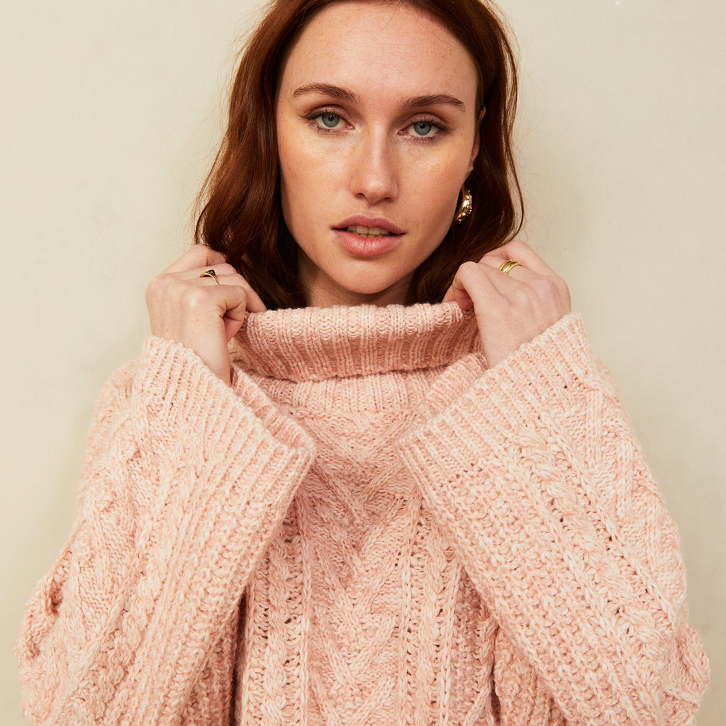 Emily Cable Roll Neck Tunic Jumper - Dusky Pink - Cara & The Sky