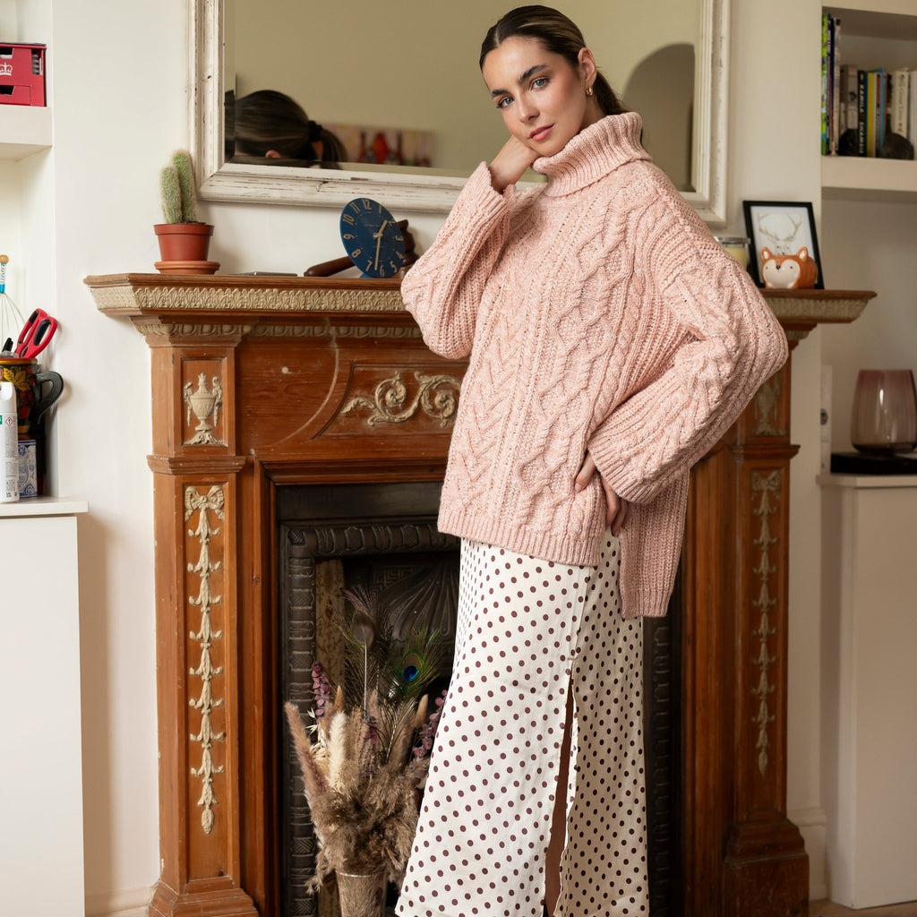 Emily Cable Roll Neck Tunic Jumper - Dusky Pink - Cara & The Sky