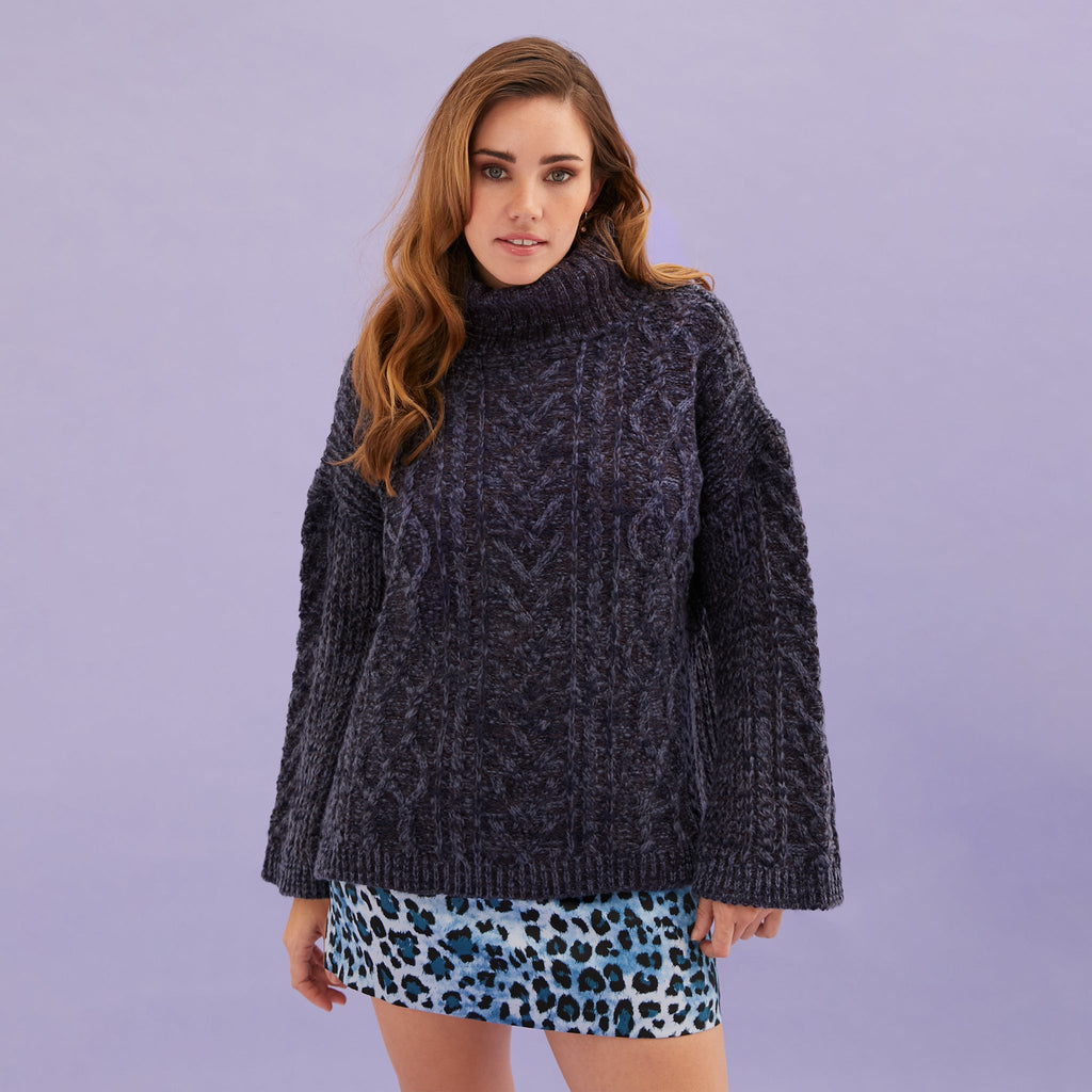 Emily Cable Roll Neck Tunic Jumper - Navy - Cara & The Sky