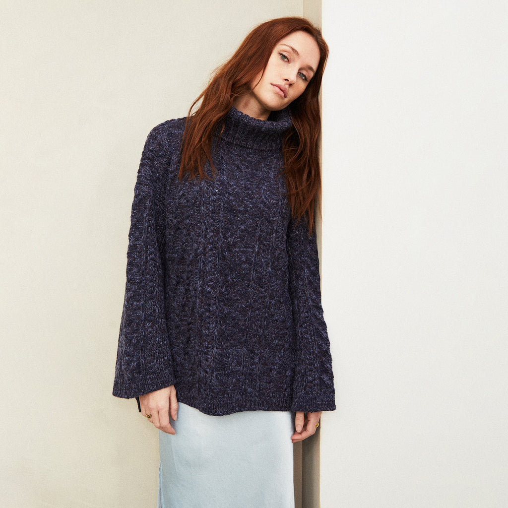 Emily Cable Roll Neck Tunic Jumper - Navy - Cara & The Sky