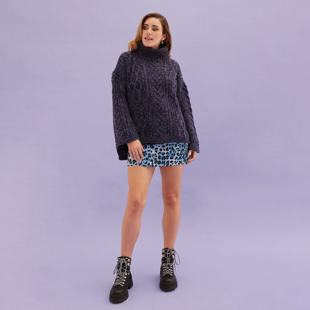 Emily Cable Roll Neck Tunic Jumper - Navy - Cara & The Sky