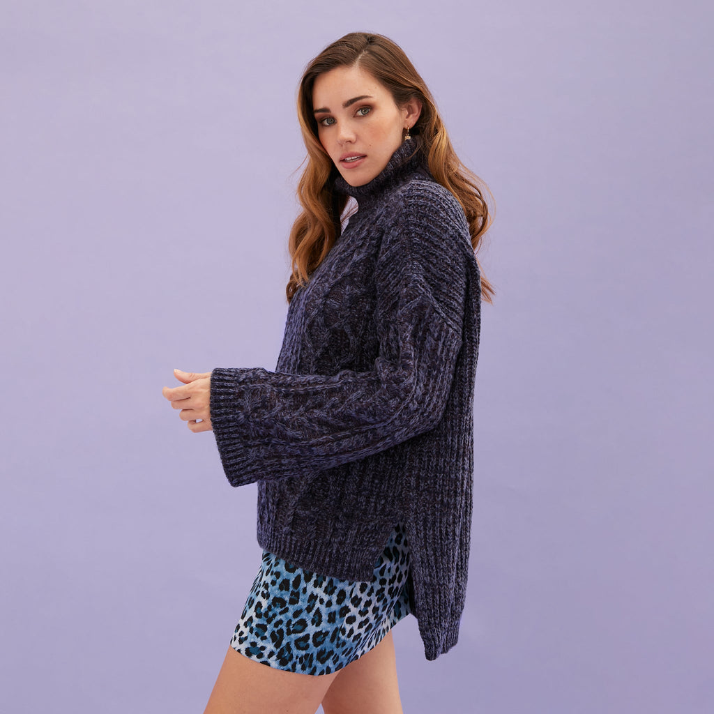 Emily Cable Roll Neck Tunic Jumper - Navy - Cara & The Sky