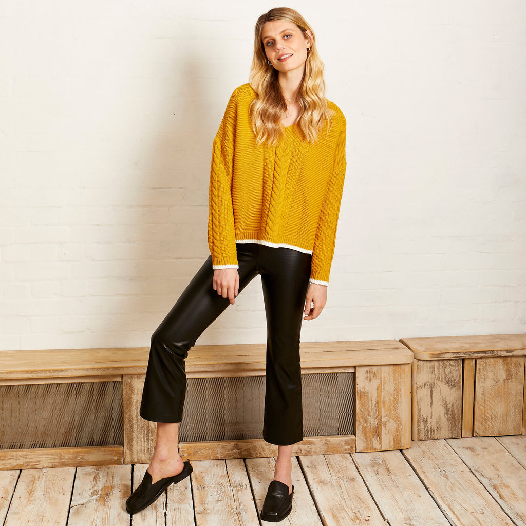 Emma V Neck Cable Jumper - Mustard - Cara & The Sky