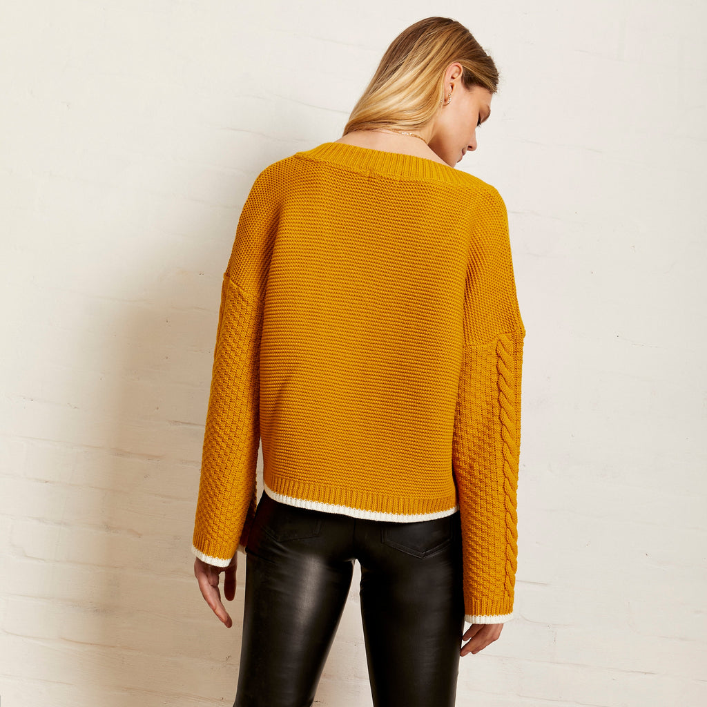 Emma V Neck Cable Jumper - Mustard - Cara & The Sky