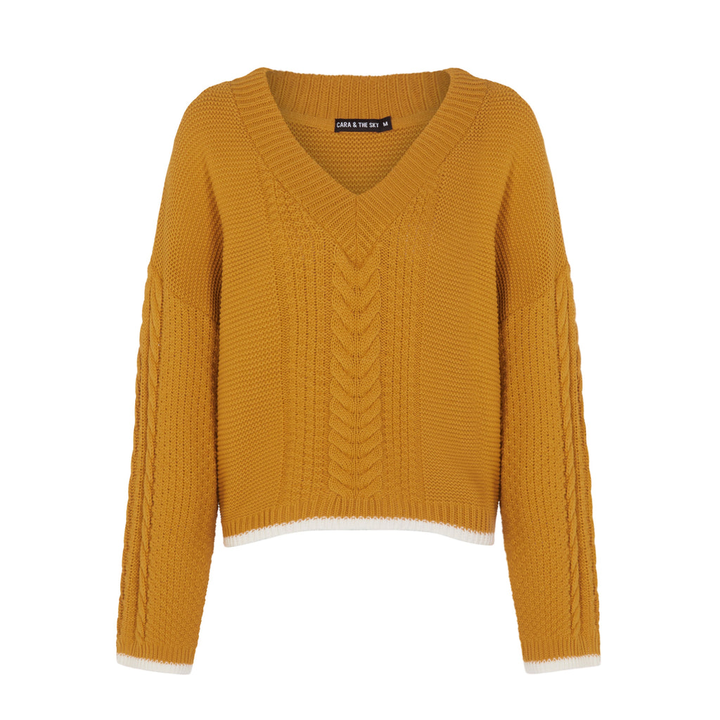 Emma V Neck Cable Jumper - Mustard - Cara & The Sky