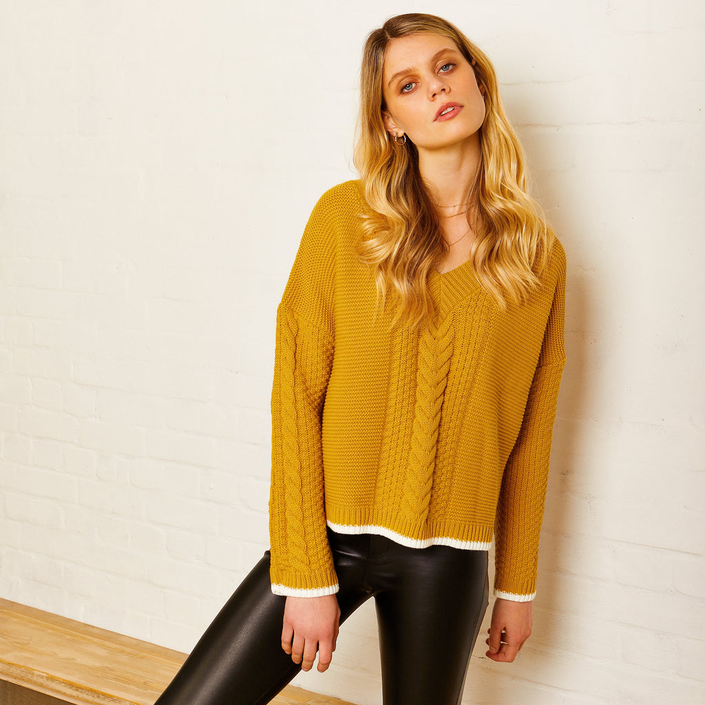 Emma V Neck Cable Jumper - Mustard - Cara & The Sky