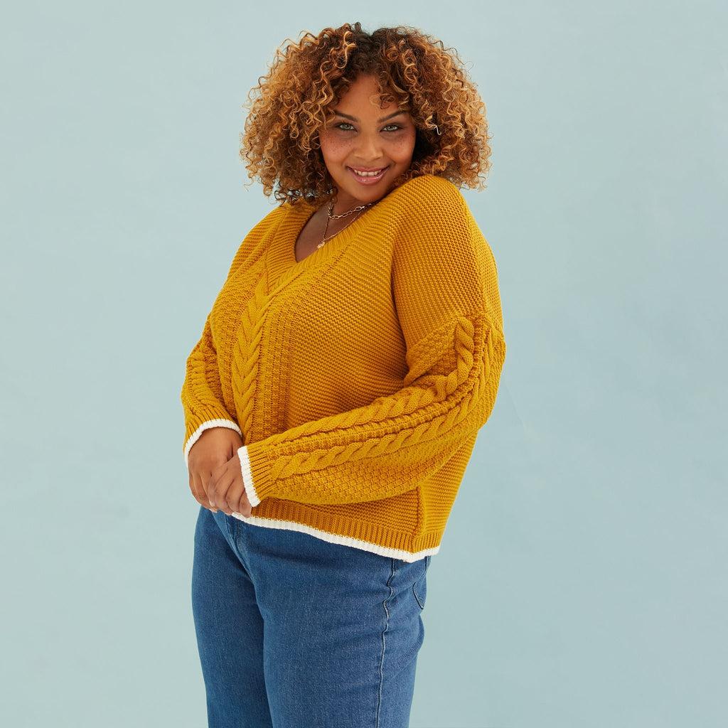 Emma V Neck Cable Jumper - Mustard - Cara & The Sky