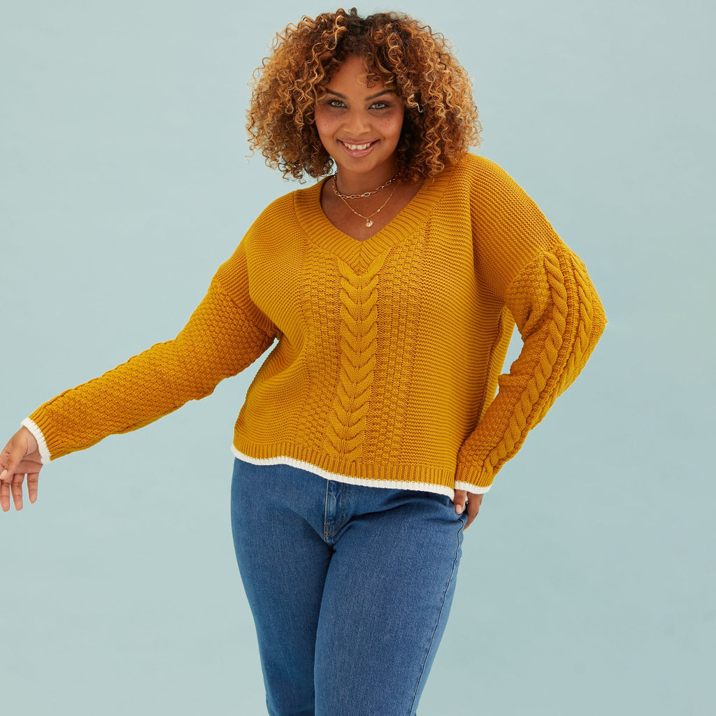 Emma V Neck Cable Jumper - Mustard - Cara & The Sky