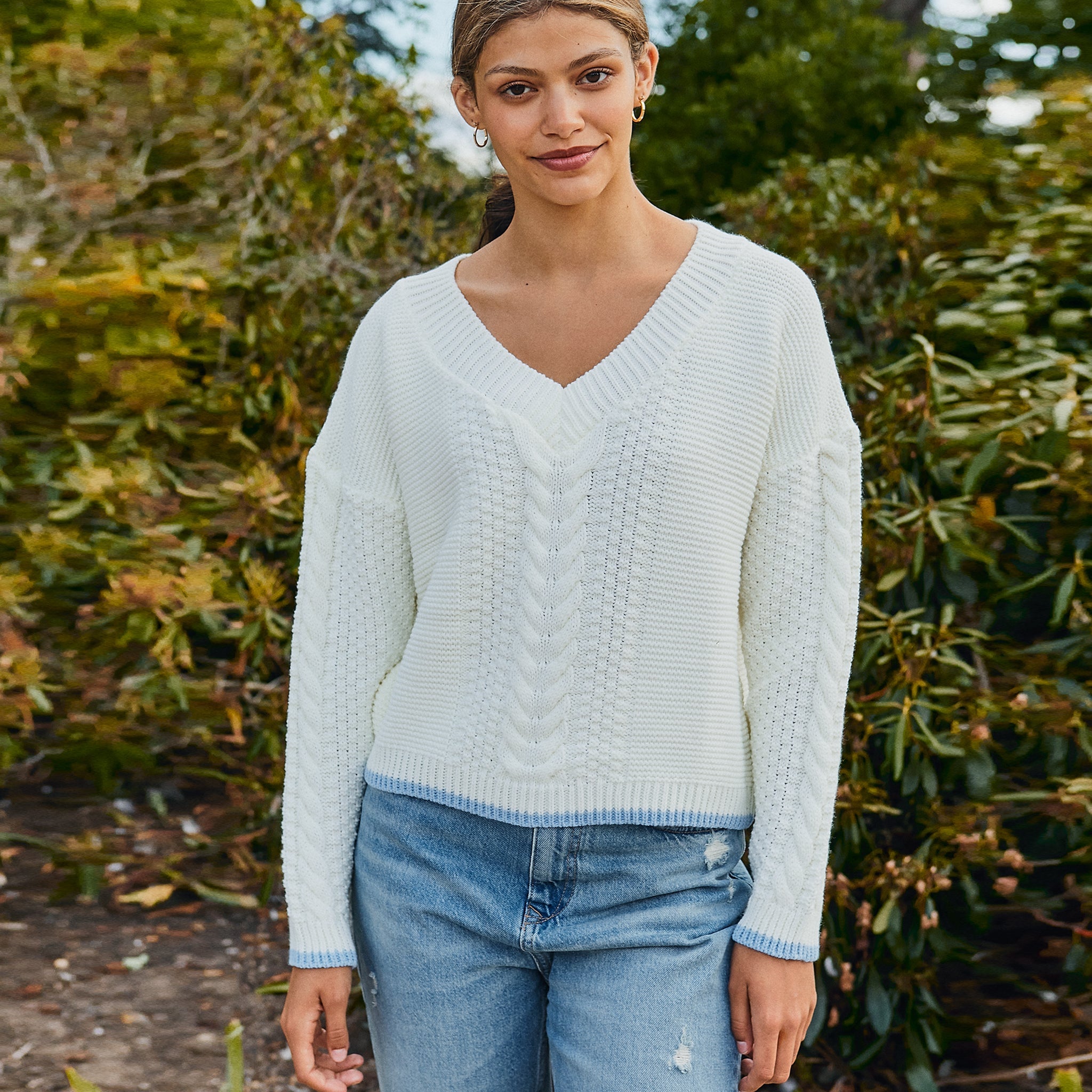 Emma White V Neck Cable Jumper for Women Cara The Sky