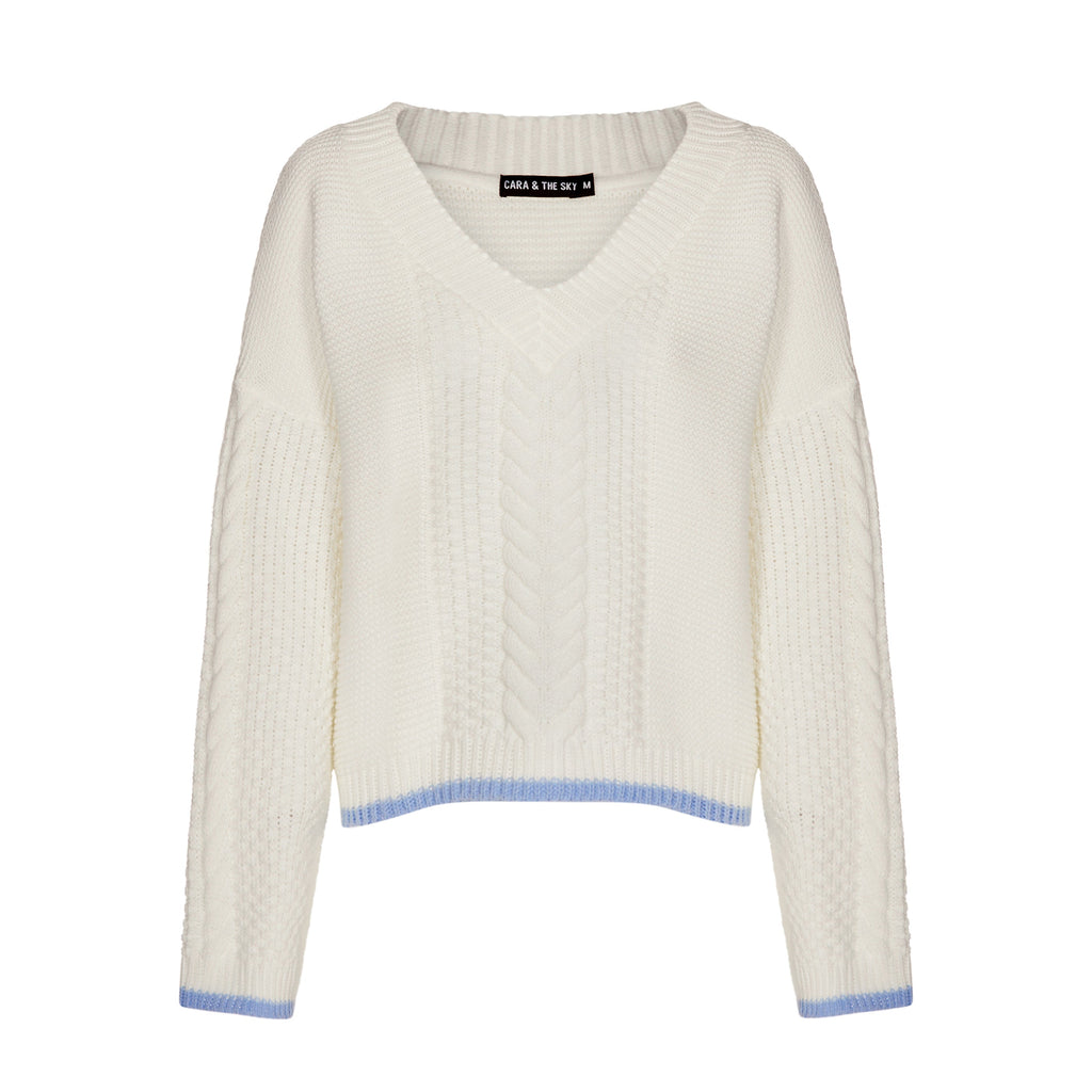 Emma V Neck Cable Jumper - White - Cara & The Sky