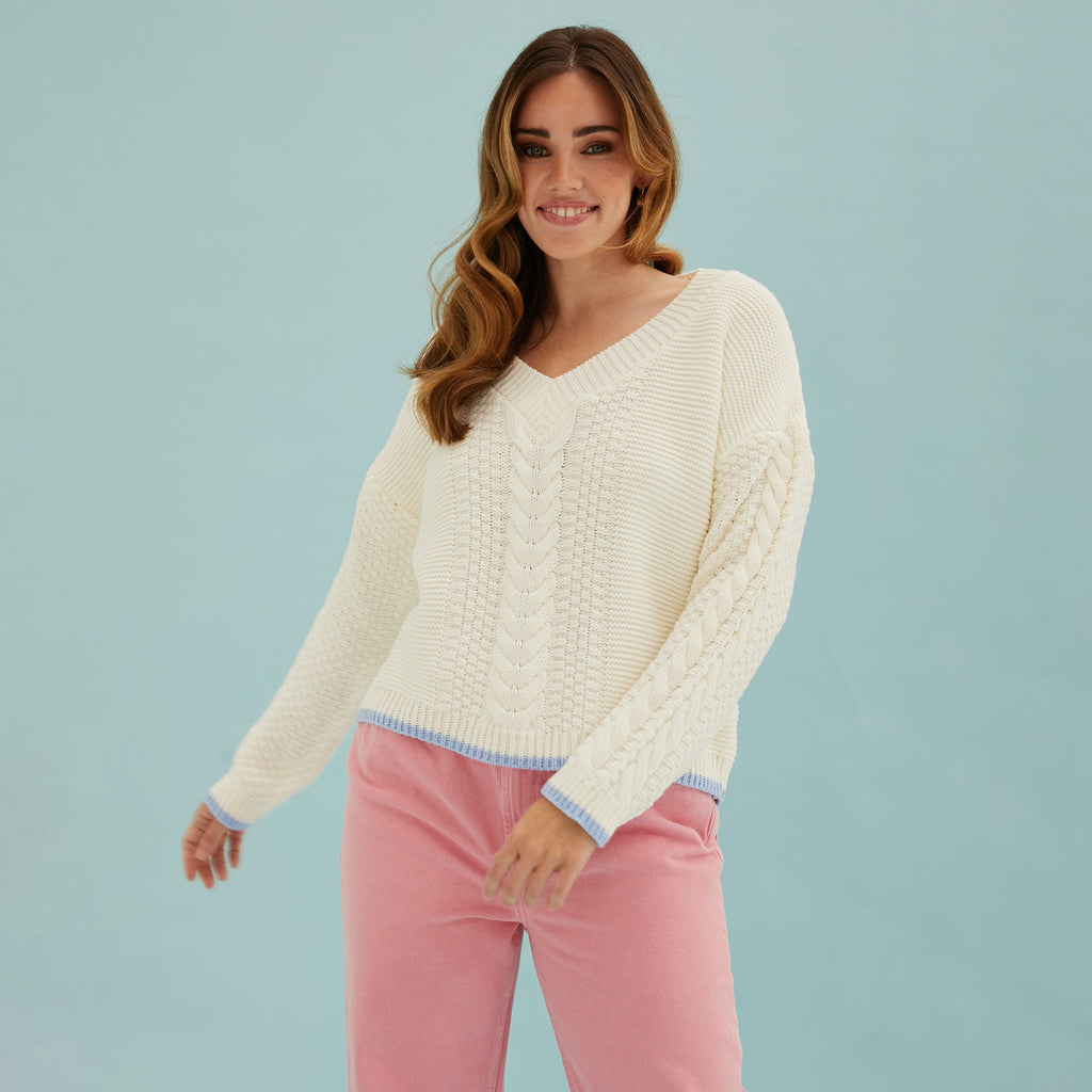 Emma V Neck Cable Jumper - White - Cara & The Sky