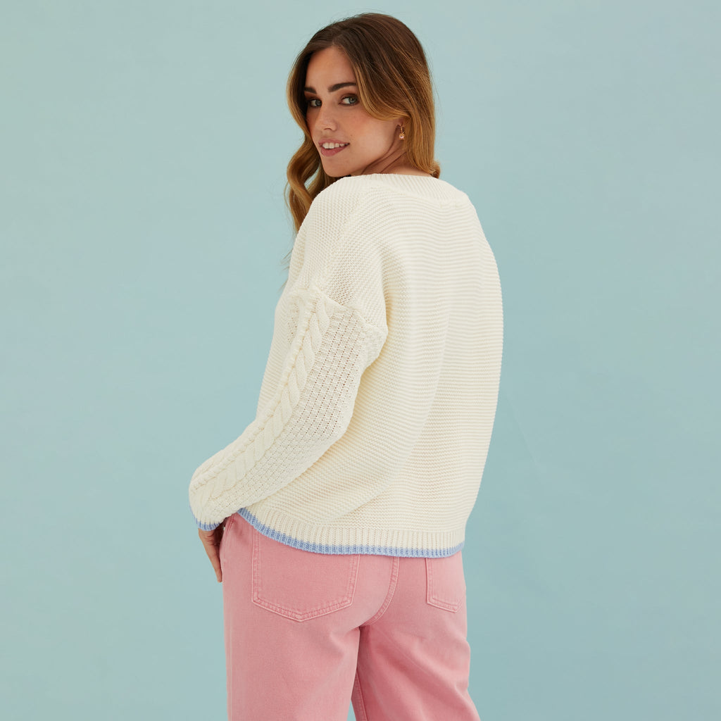 Emma V Neck Cable Jumper - White - Cara & The Sky