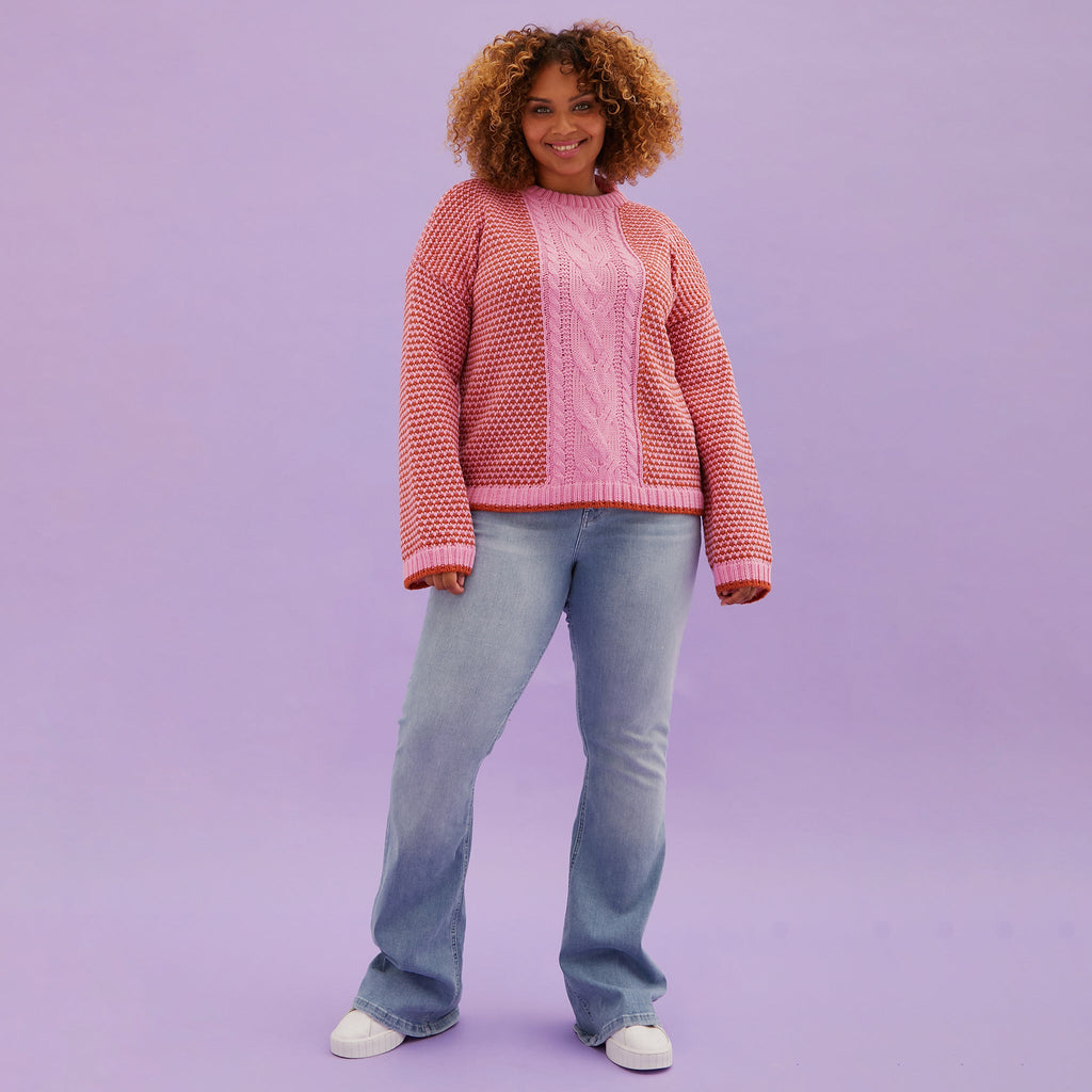 Frankie Cable Crew Neck Jumper - Pink - Cara & The Sky