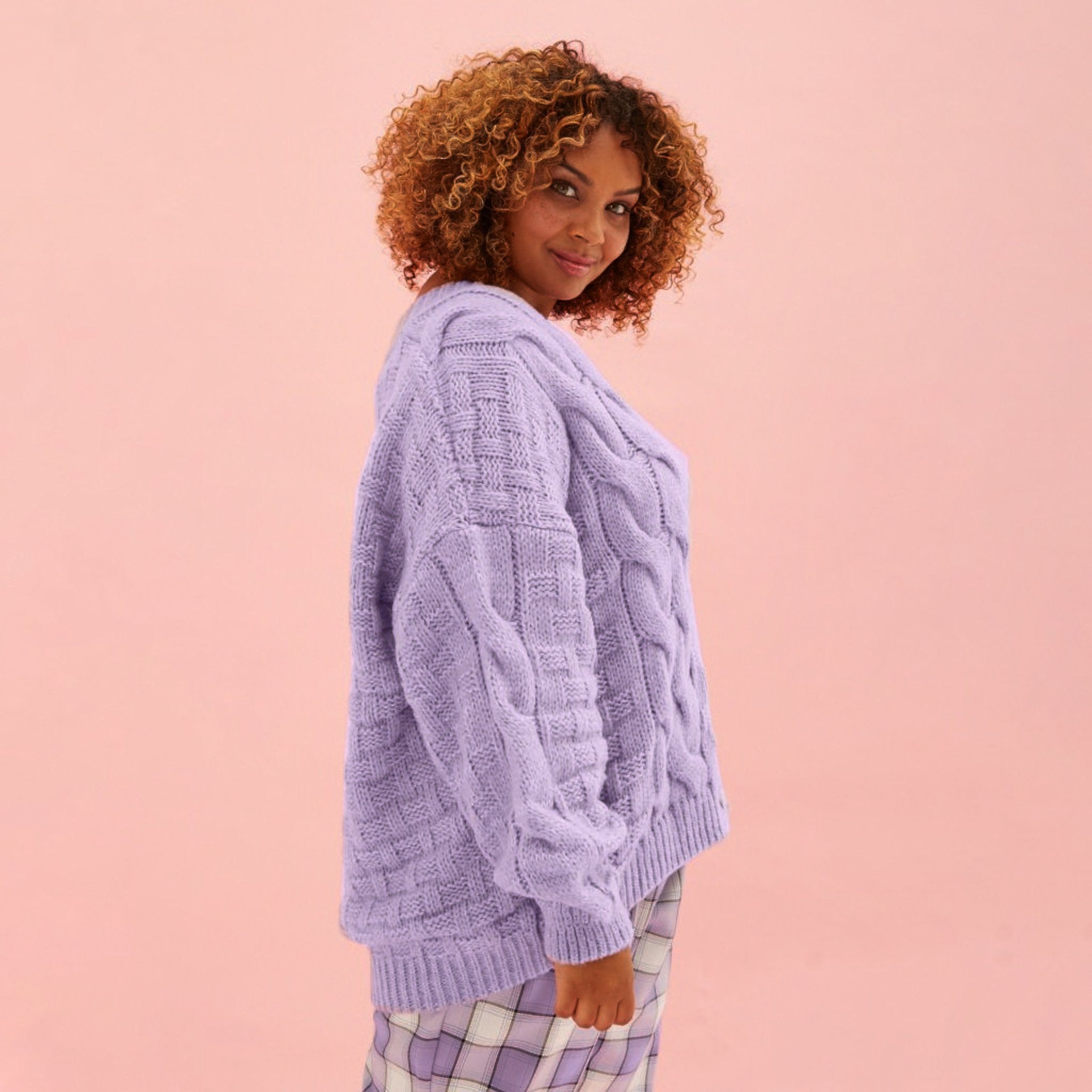 Gemma Basket Lilac Chunky Knit Balloon Sleeve Cardigan | Cara