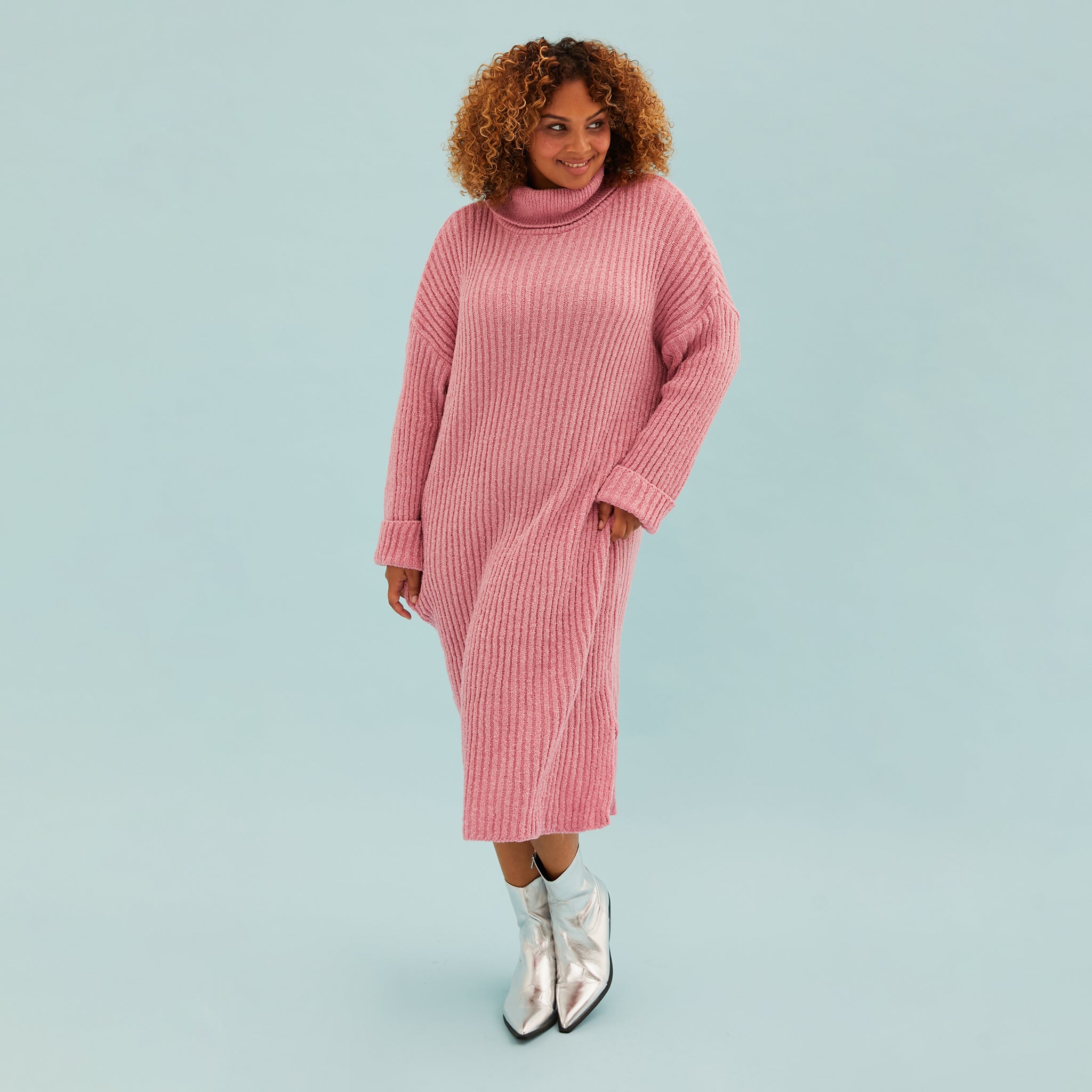 Joey Roll Neck Dusky Pink Long Sleeve Midi Dress | Cara & The Sky Joey Roll Neck Dusky Pink Long Sleeve Midi Dress | Cara & The Sky
