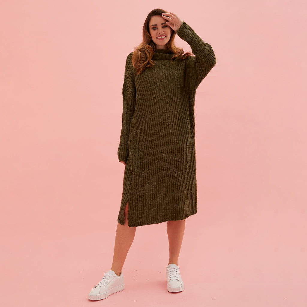 Joey Roll Neck Midi Dress - Khaki - Cara & The Sky