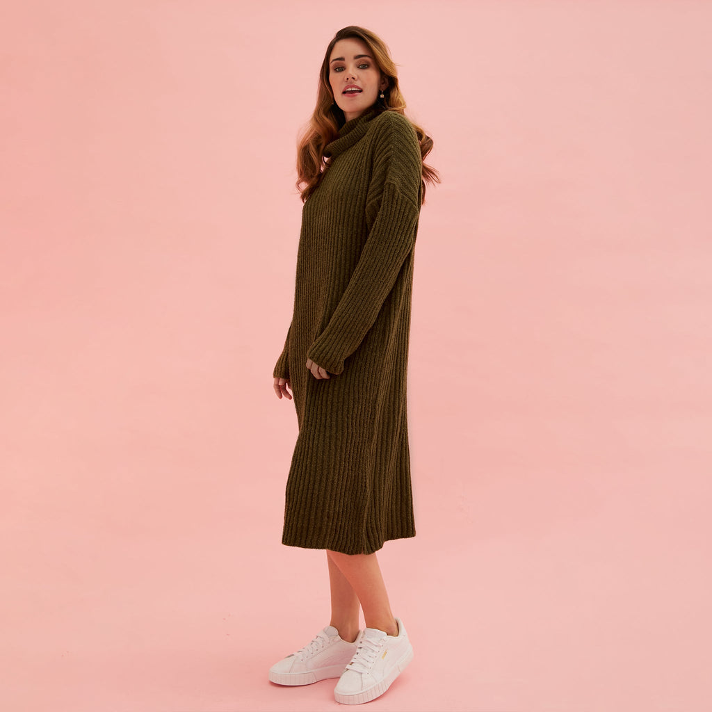 Joey Roll Neck Midi Dress - Khaki - Cara & The Sky